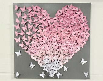 Pink to White Ombre Butterfly Heart Canvas Art Nursery Decor Baby Room Decor Baby Shower Gift Birthday Gift Personalized Art Custom Made