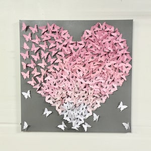 Pink to White Ombre Butterfly Heart Canvas Art Nursery Decor Baby Room Decor Baby Shower Gift Birthday Gift Personalized Art Custom Made