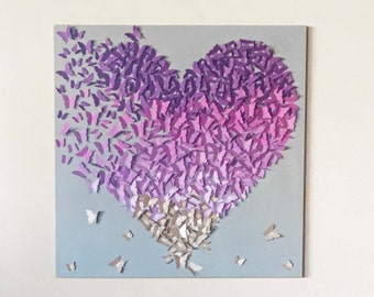 24"x24" Lavender Gold Butterfly Heart Ombre Gray Wall Home Nursery Decor Baby Girls Boys Room Decor Wedding Anniversary Holiday Mothers Day