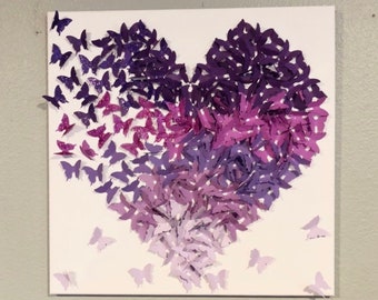 Canvaskunst met vlinderhart: glitterende lavendelombré, decoratie kinderkamer