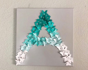 Butterfly Monogram Initial Art, Mint Ombre Decor, 12"x12" Canvas