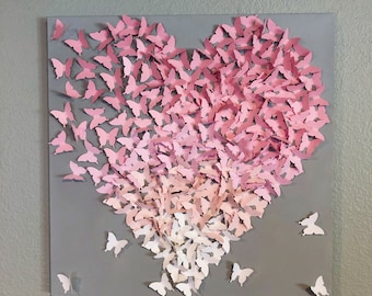 Pink to White 3D Butterfly Heart Gray Canvas Art-Handmade Unique Piece-Treasure for Generations-Personalized to Your Needs-Gifts to Anyone