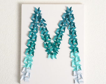 Butterfly Teal Ombre Letter Art, Custom Nursery Initial