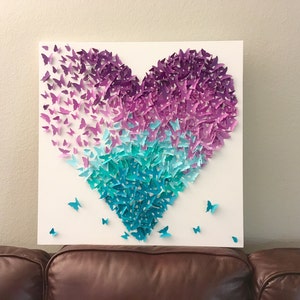 Lavender and Turquoise Ombre Butterfly Heart Mix Butterflies Canvas Art Nature Fantasy Room Decor Wall Decor Nursery Room Decor Handmade