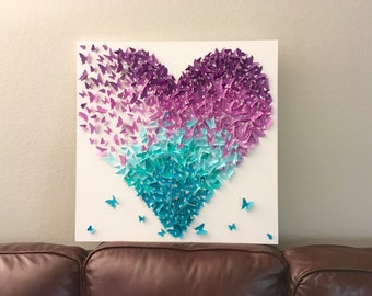 Lavender and Turquoise Ombre Butterfly Heart Mix Butterflies Canvas Art Nature Fantasy Room Decor Wall Decor Nursery Room Decor Handmade