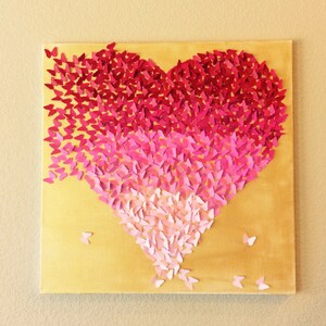Butterfly Heart Color Gradient Gold Painted Canvas Art Handmade Wall Home Nursery Babies Girls Room Decor Wedding Christmas Holiday Gift
