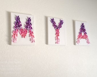 Lavender Pink Ombre Butterfly Letter Wall Decor Baby Girls Nursery Room Letters Decor Party Wedding Personalized Name Wall Hanging Gift Idea