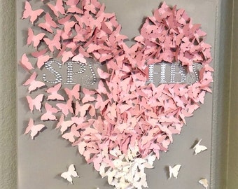 Pink to White Ombré Butterfly Art with Custom Names Initials Letters