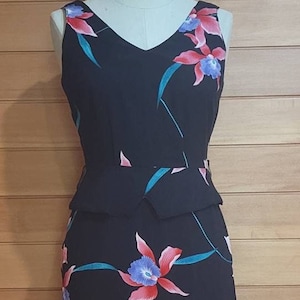 Vintage 1980s Black Pink Floral Iris Peplum Dress