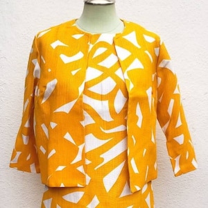 Vintage 1960s Dress Sheath and Jacket Yellow White MCM Abstract