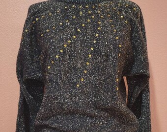 Vintage 1980s Gold Black Metallic Sweater Dolman Sleeve Large