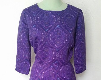 Vintage Mod 1960s Purple Paisley Day Dress Large
