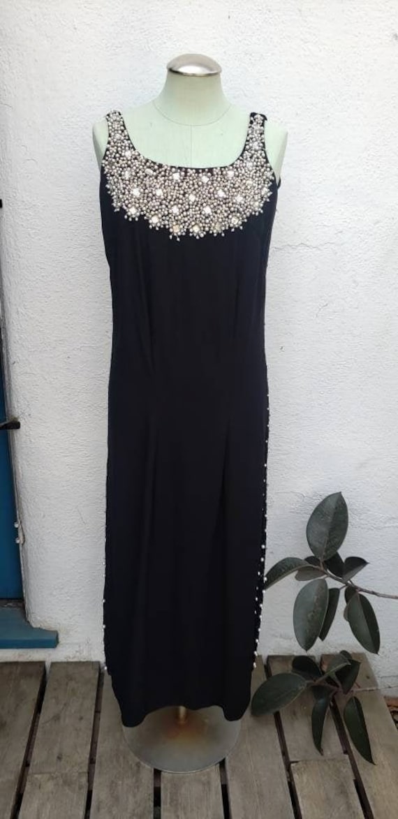 Vintage 1960s Black Maxi Cocktail Dress Rhinestone