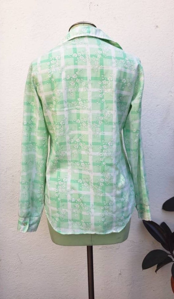 Vintage 1970s Green Floral Blouse Small - image 3