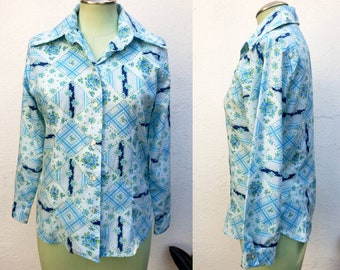 Vintage 1970s Blue Floral Blouse Small