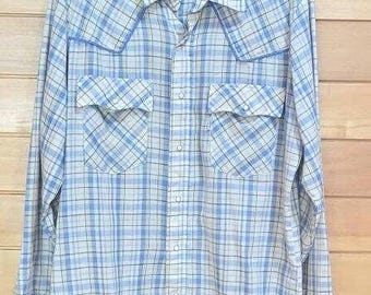 Vintage 1970s Levi's Blue Tan Plaid Shirt White Label