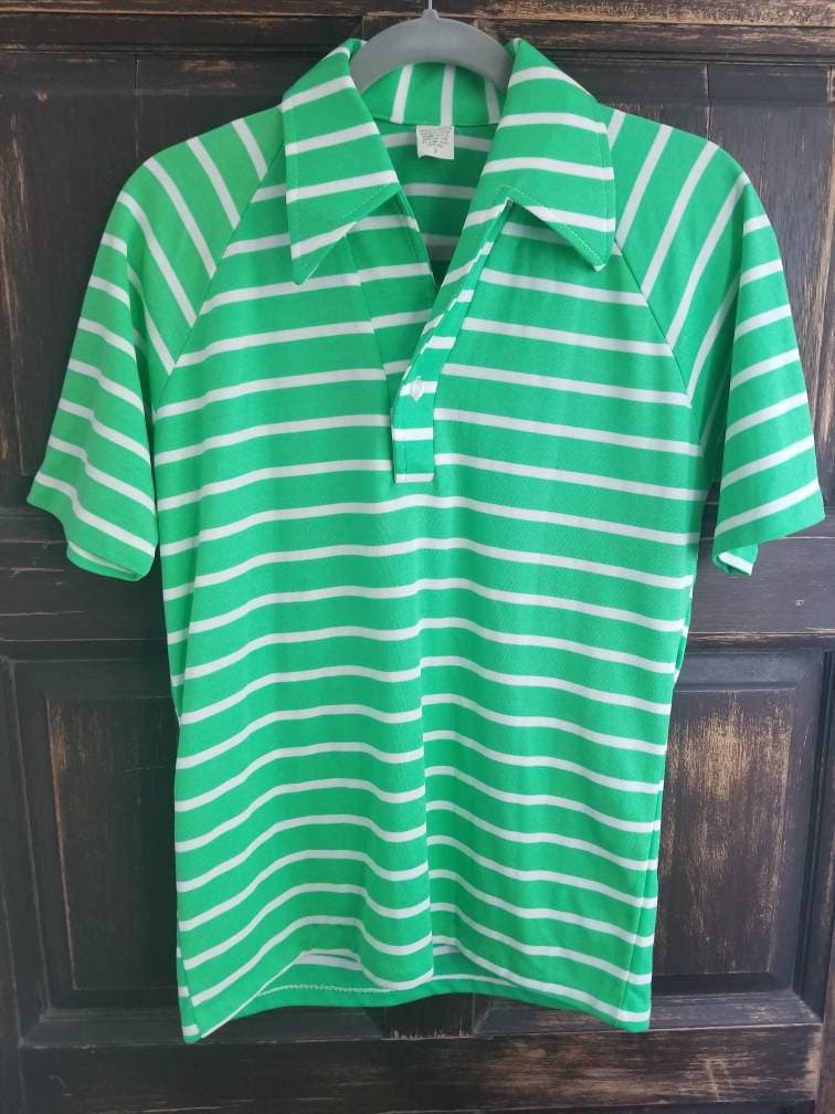 Vintage Men's Green White Stripe Polo Shirt 1970s Small Etsy