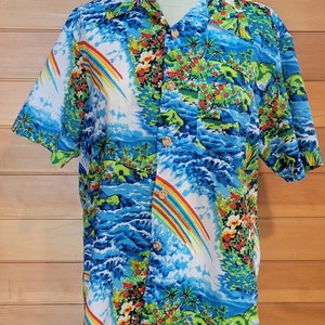 Vintage 1970s Mens Royal Islander Hawaiian Shirt Floral Rainbows