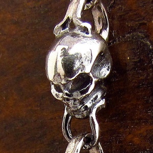 May include: A silver skull charm with intricate details, attached to a silver chain. The skull is facing forward with a detailed face and a textured surface.