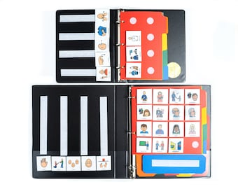 May include: Two black binders with clear plastic pockets and colourful dividers. The binders contain various picture cards with images of people and activities. The cards are organised by colour and category.
