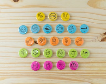 Set of 24 Communication Badges Neon Colors Metal Pins for Autism Therapy Speech Emergency