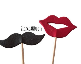 Set of 12 Double Sided Black Mustache, Red Lips Cupcake Topper Flags, Decorative Cupcake Toppers, Decorative Toothpicks, Many Uses, Weddings