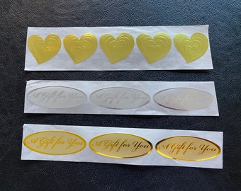 Set of 50 Stickers, Gold Heart Foil, A Gift for You, Gold, Silver afoul, Envelope Seal, Stickers, Many Uses, Wedding, Birthday, Etc