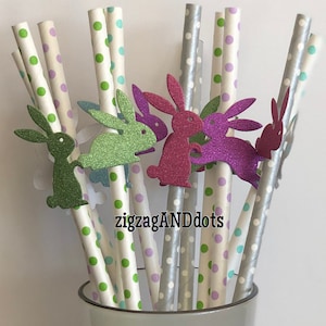 Set of 12 Straws With Glitter Bunnies, Easter Bunnies, Party Ideas, Birthday Party, Decorative Straws, Colors Red, Blue, and Gray,