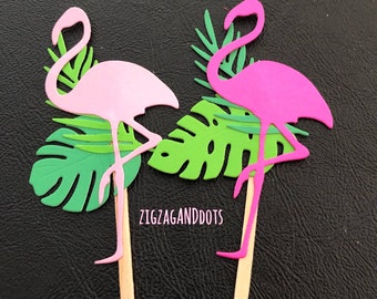 Flamingo Cupcake Toppers: Tropical Party Decorations, Set of 12