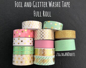 Foil Washi Tape, Full Roll, Foil, Colors Pink, Gold, and Mint, Various Designs & Patterns, Card Making, Scrapbooking, Planner Tape