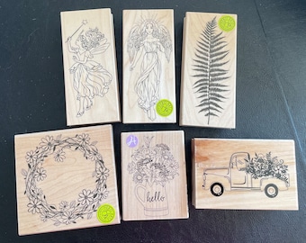 Wood Block Rubber Stamps: Angel, Fern, Wreath, Truck