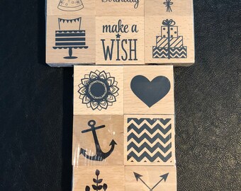 Wooden Block Rubber Stamp, Anchor, Birthday, Hearts, Chevron, 2x2 inches