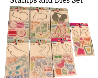 Clear Stamps and Dies Set, Various Styles, Rainbow, Ribbon, Cherry, Cactus, Summer, Various Sentiments, Scrapbooking, Card Making, Tags