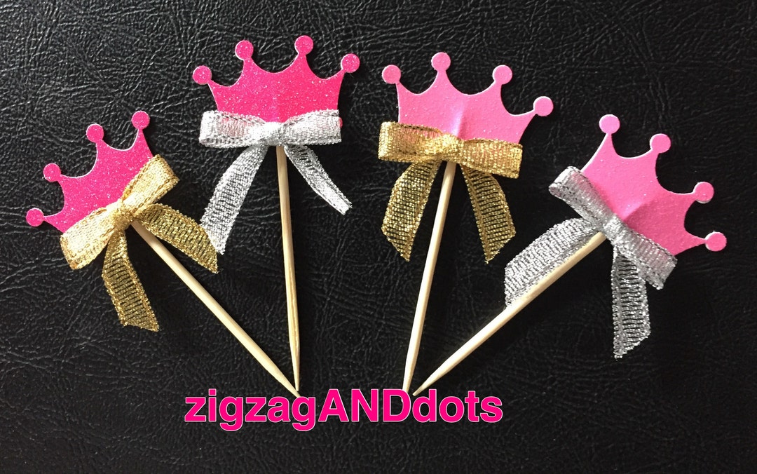 Set of 12 Glitter Crown Cupcake Toppers Many Colors Etsy