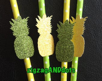 Set of 12 Glitter Pineapple Decorative Straws, Summer Party Ideas, Birthday Party, Decorative Straws, Colors Yellow and Green