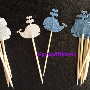 12 Glitter Whale Cupcake Toppers, Double Sided, Decorative Toppers, Many Colors, Silver, Gold, Etc, Many Uses, Baby Shower, Birthday Parties