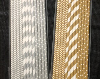 Set of 12 Paper Straws, Polka Dots, Chevron, Diagonal, Colors Gold, Silver, Paper Straws, Birthday Party, Wedding, Baby, and Bridal Shower