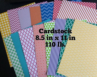 Set of 15 Decorative Thick Cardstock, Size 8.5”x 11”, 110 lb., Many Designs & Colors, Polka Dots, Stripes, Chrevon, Cardmaking, Parklane