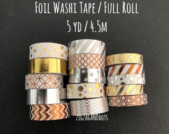 Foil Washi Tape, Full Roll, 5 yd/4.5m, Foil Gold, Silver, Rose Gold, Various Designs & Patterns, Card Making, Scrapbooking, Planner Tape