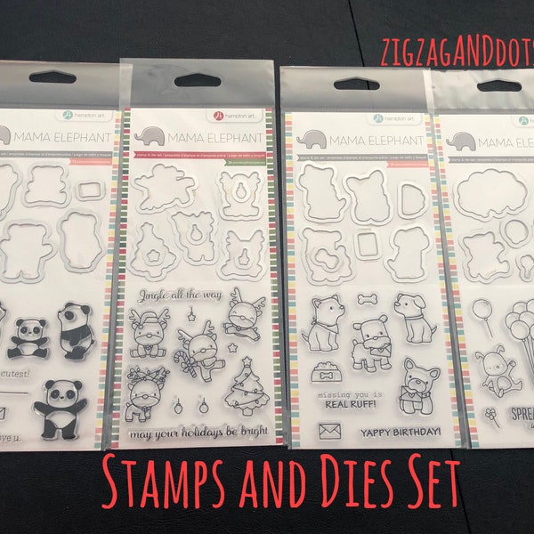 Clear Stamps and Dies Set, Various Designs,Panda Bears, Reindeers, Dogs, Bunnies, Sentiments, Scrapbooking, Mama Elephant, Hampton Art
