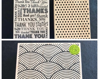 Large Wood Block Rubber Stamp, Thanks Sentiments, Polka Dots, Waves
