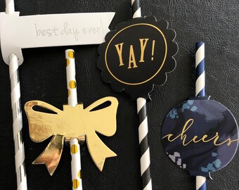 12 Decorative Paper Straws, Colors Gold, Silver, Black, Blue, Foil, “Cheers”, “Yay” Wedding, Birthdays, Bridal, Baby Showers, Cheer & Co