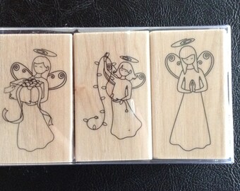 Christmas Angels Rubber Stamps, Christmas Theme Stamps, Rubber Stamp on Wooden Block, Scrapbooking, Card Making,  Hampton Art