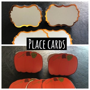 Set of 8 or 12 Place Cards, Fall Theme, Pumpkin, Foil Accents, Decorative Place Cards, Party Supplies