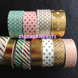 Metallic Washi Tape, Foil Washi, Colors Gold, Pink, and Teal, Various Designs, Planner Decorations, Scrapbooking, Your Choice of 1 Roll