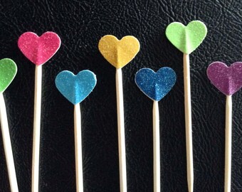 12 Glitter Mini Hearts Cupcake Toppers, Double Sided, Many Colors, Decorative Toppers, Baby/Bridal Shower, Weddings, Birthdays, Anniversary
