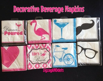 Set of 24 Decorative Beverage Napkins, 3 PLY, Various Designs, Flamingo, Hearts, Bike, Mustache, Glasses, Martini Glass,  Celebrate It