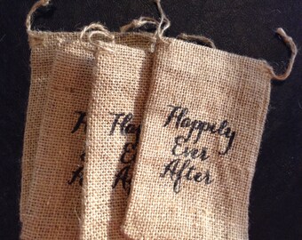 Burlap Drawstring Wedding Favor Bags, Happily Ever After, Set of 12