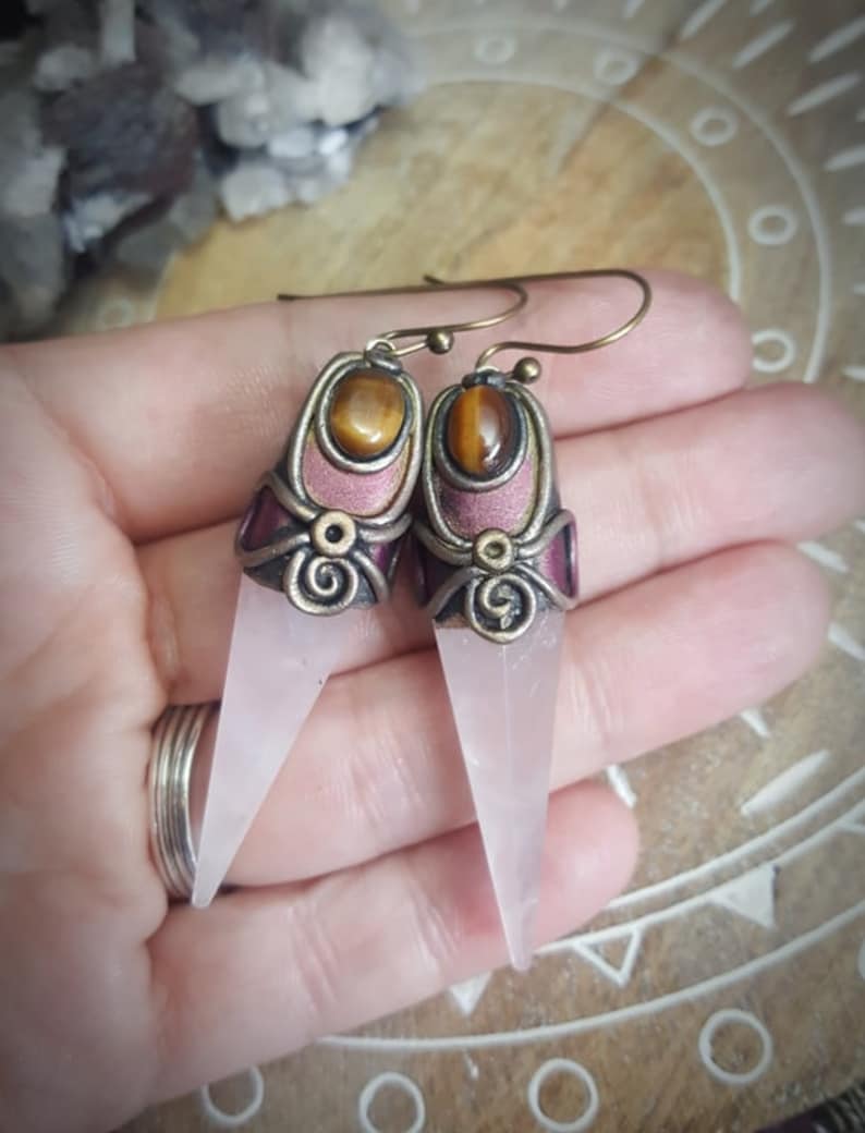 Tigers eye Rose Quartz handcrafted clay earrings Handmade Mystic