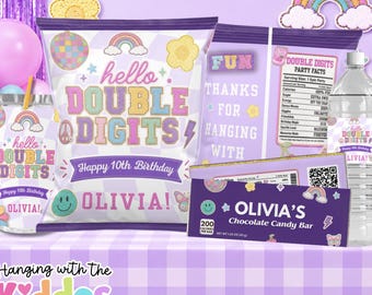 Double Digits  Party Favor Template Editable Bundle | Tween Birthday Party Favor Bag | Purple Retro Y2K Snack Bag | Corjl Instant Download
